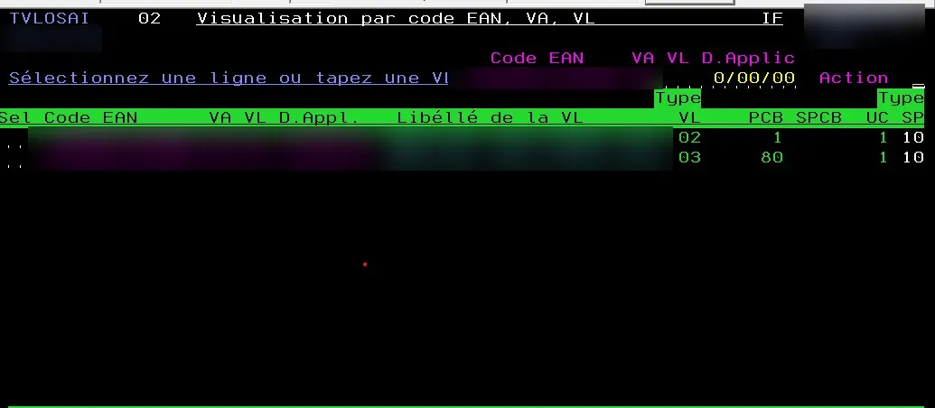 Écran d'ERP flouté, recherche d'un article par code EAN
